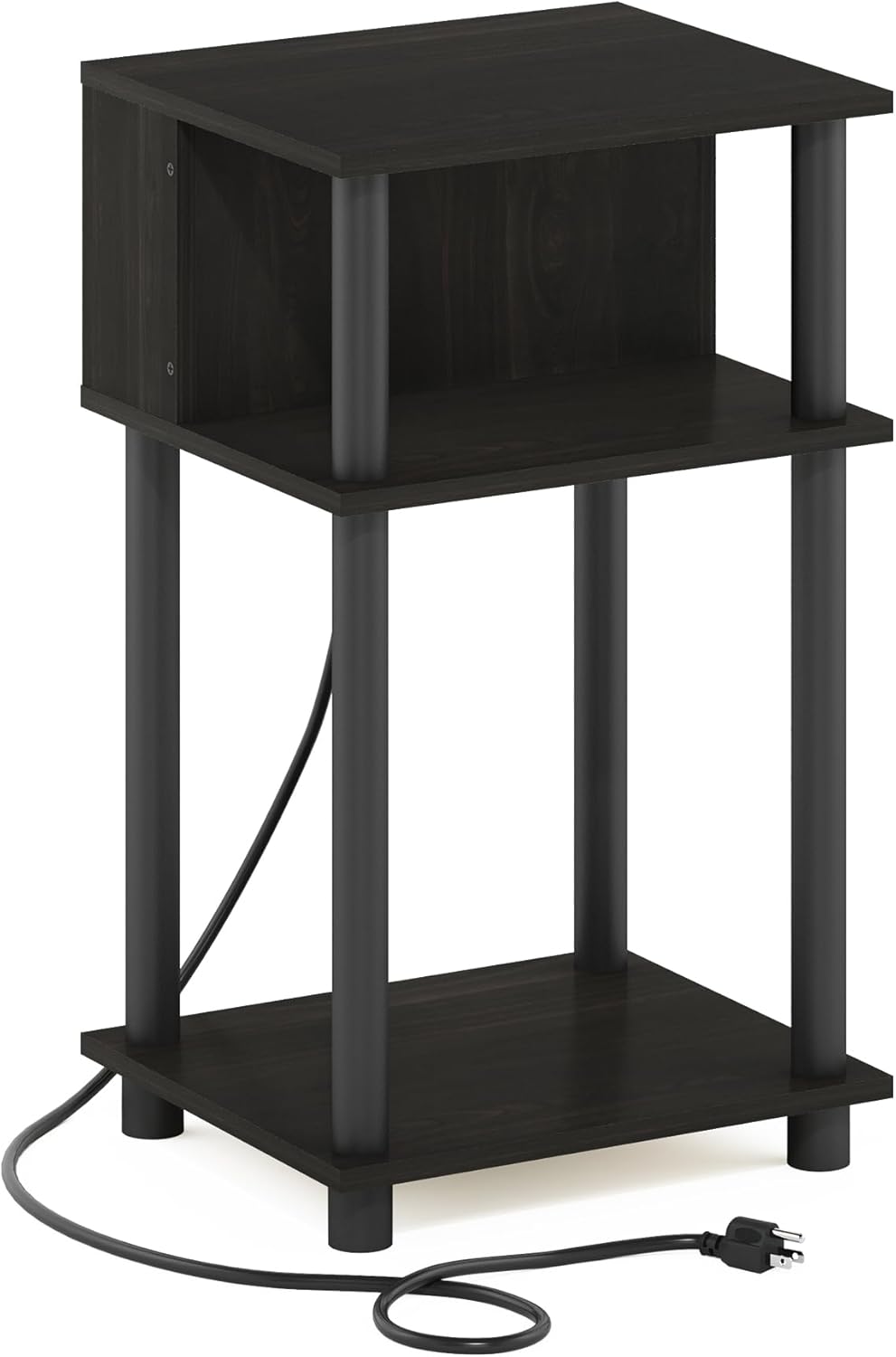 Furinno Just 3-Tier Turn-N-Tube Open Storage End Table with USB and Type-C Charging Port, 11.42 (W) x 9.92 (H) x 6.91 (D) inches, Espresso/Black
