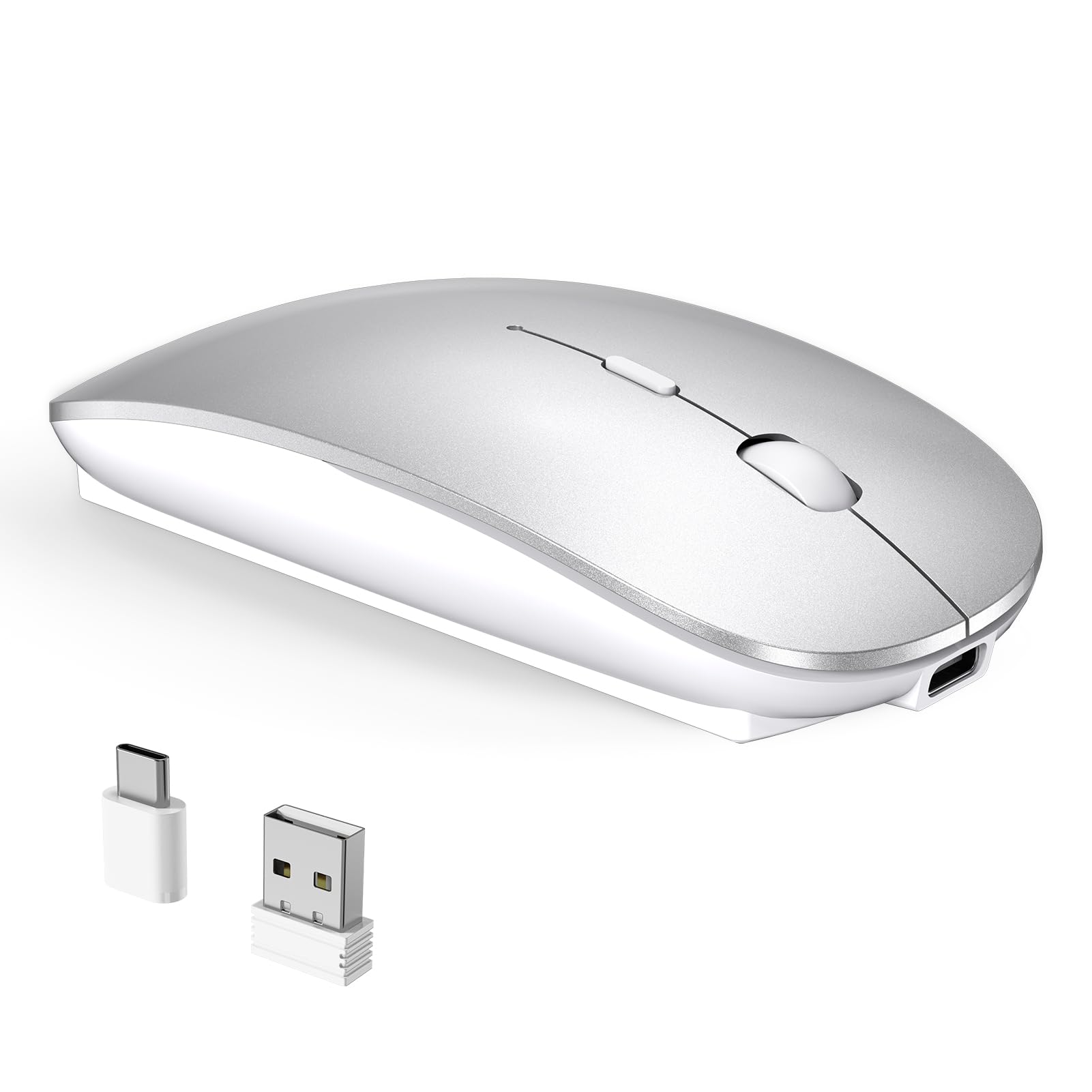 Wireless Mouse for MacBook Air/Pro, USB A & USB C Rechargeable Laptop Mouse, Slim Portable Optical Mice, Quiet Click, Long Battery Life, Adjustable DPI for PC, Desktop, Mac Computer, iPad -Silver