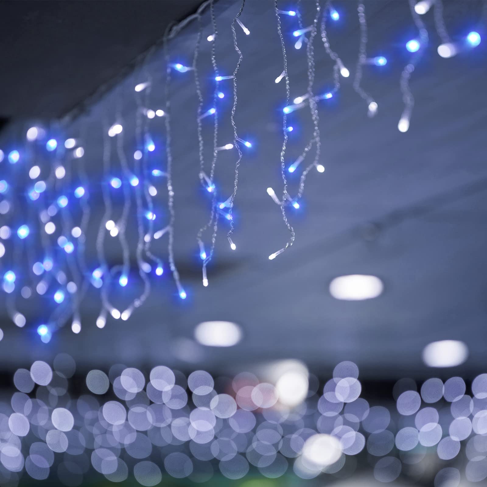 SALCAR Łańcuch świetlny LED, 5 m, do użytku na zewnątrz, do wnętrz, na Boże Narodzenie, oświetlenie bożonarodzeniowe, prąd 31 V, z 8 trybami oświetlenia i funkcją pamięci, niebiesko-biały