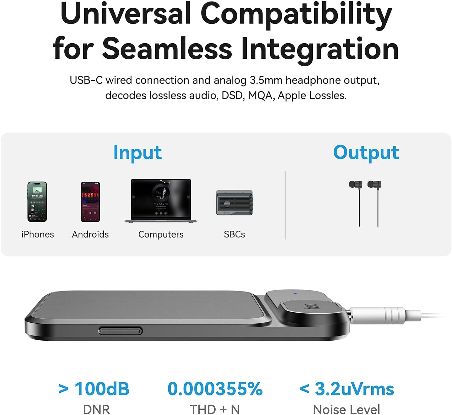 Khadas Tea Universal Compatibility diagram showing connections to iPhones, Androids, Computers, SBCs, and headphone output