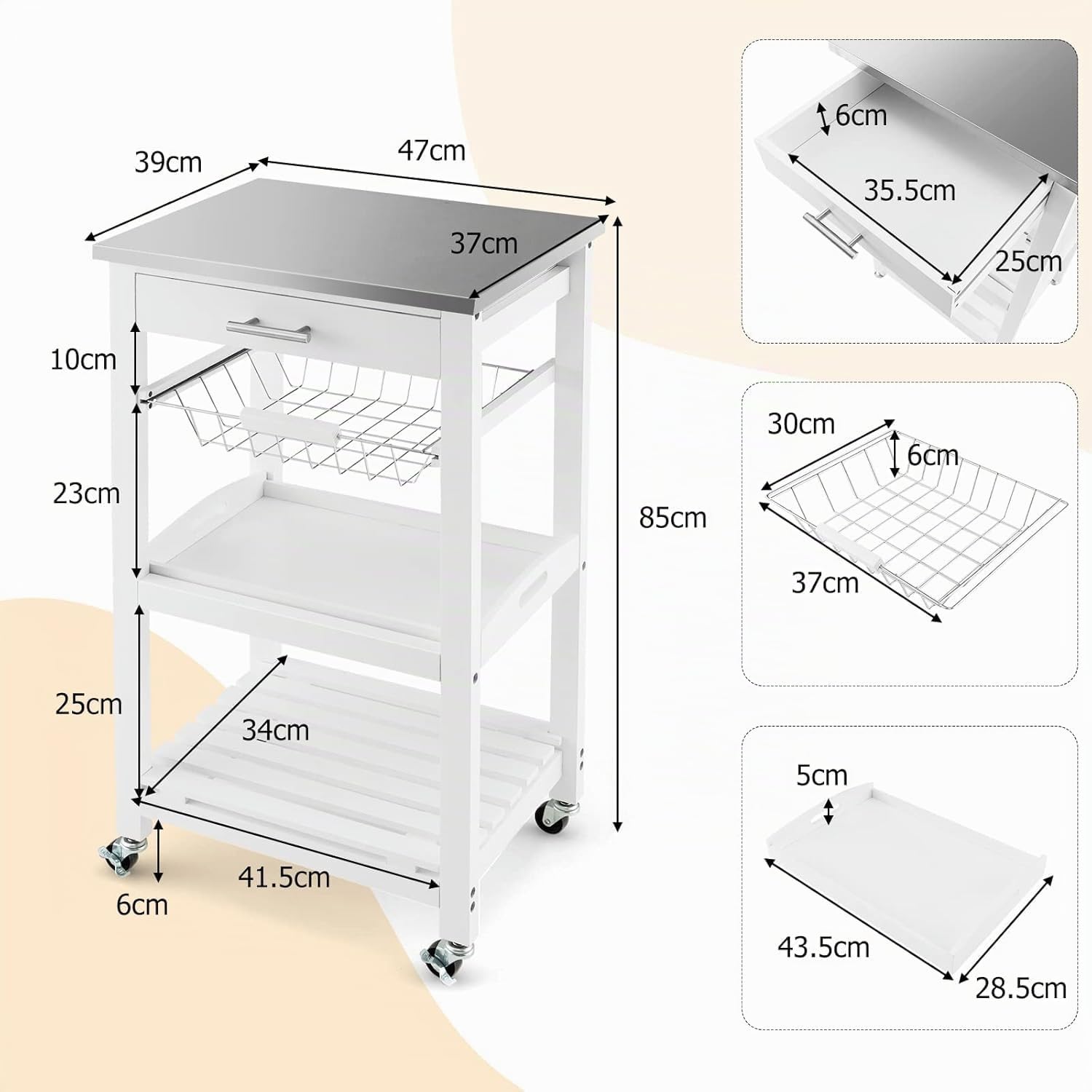 RELAX4LIFE Carrello da Cucina con Piano in Acciaio Inox, Cestello Metallico Estraibile,Vassoio e Ruote Bloccabili, Cassetto, per Cucina Sala da Pranzo (BIANCO)