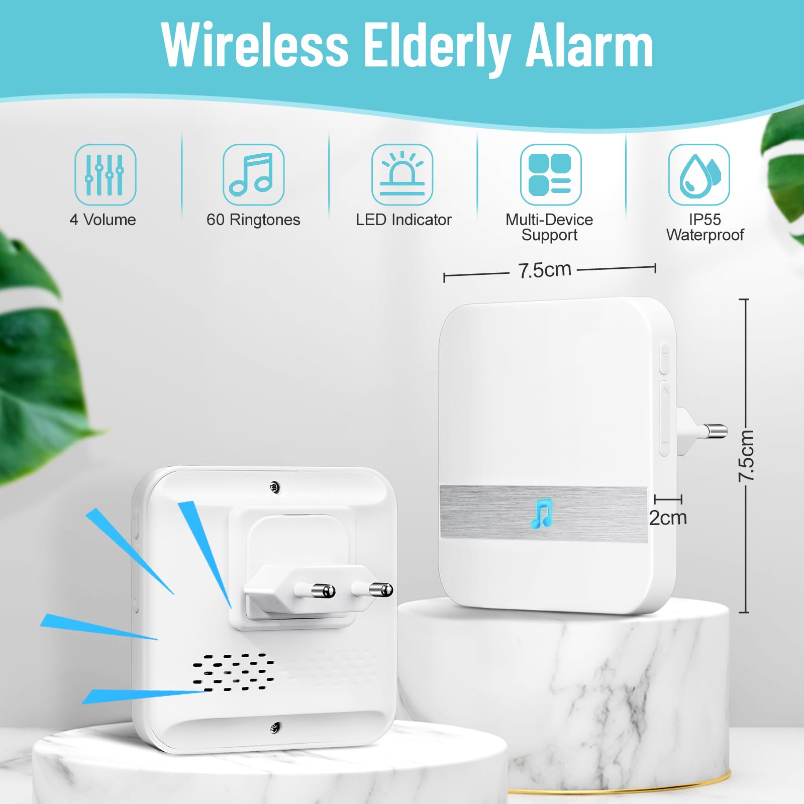 Botón Emergencia Ancianos Plug Version Avisador para Idosos con 60 Sonneries Polyphoniques e 4 Níveis de Volume Alarma Doméstica Inalámbrica para Idosos/Doentes/Incapacitados/Crianças