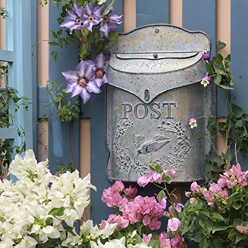 Image of Wall Mount Mailbox for Outside Vintage Mail Boxes for House Outside Metal Door Mailbox Drop Box Antique Style Nostalgic Charm Home Decorative, Bird Pattern, Gray