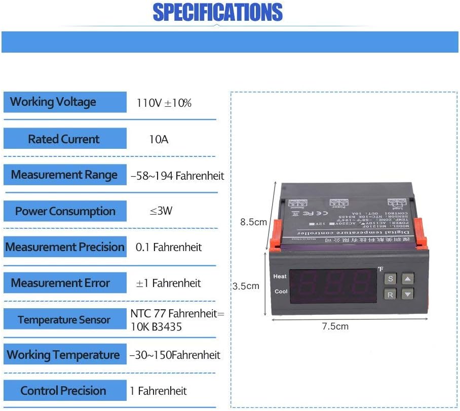 Temperature Controller, KKmoon Digital Temperature Controller Thermocouple with Sensor (-58~194°F) 10A 110V