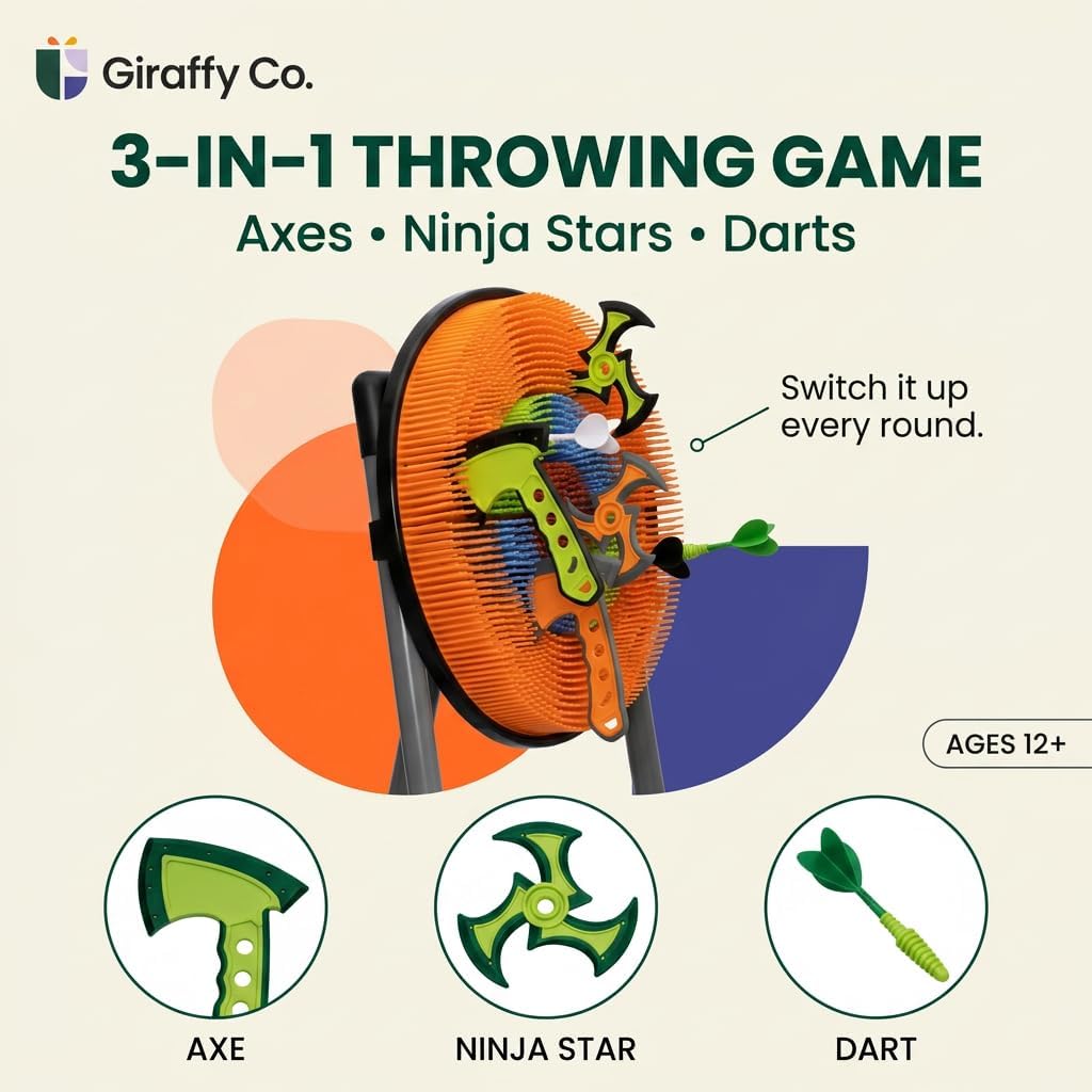Axe Throwing Game Set for Backyard, Target Stand with 6 Axes, 6 Throwing Stars & 6 Dart-Style Pieces, Indoor/Outdoor Yard Game for Kids, Teens, Adults & Family Play