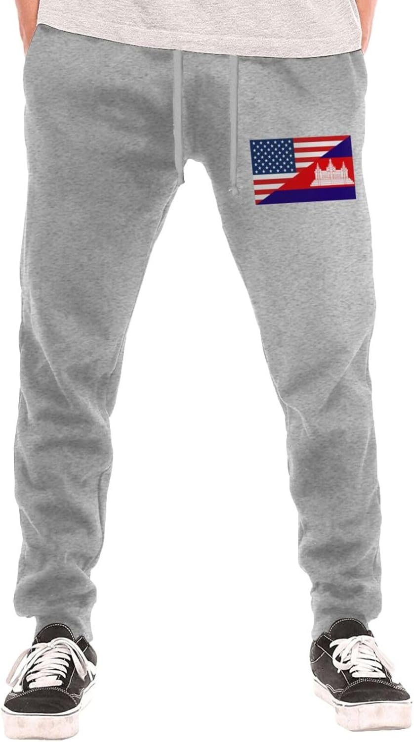 American Flag and Cambodia Flag Men's Long Pants Athletic Running Pants Sports Pants