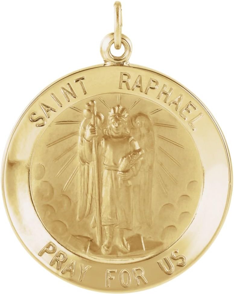 ペンダントネックレス 14カラット イエローゴールド 15mm 光沢仕上げ ラウンド 聖ラフェル メダル ジュエリー 女性用