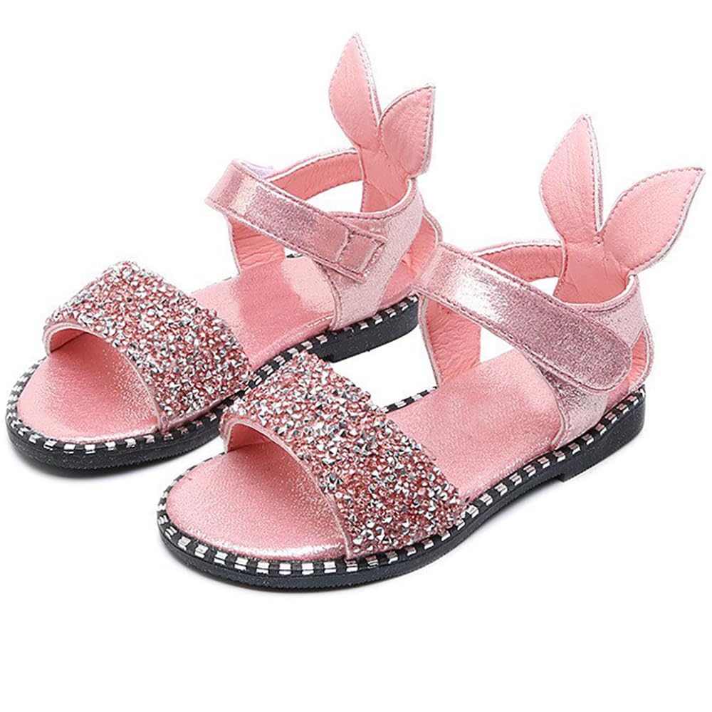 Bold N ElegantGirls Shiny Shimmer Fancy Party Double Strap Sandal with Bunny Ears Backstrap Non Slip Adjustable Baby Girl Birthday Footwear for Infant Toddler Young Girls