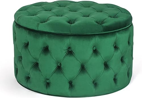 Miniatura 11 de Homebeez Otomana redonda de terciopelo para almacenamiento, reposapiés con botones copetudos, mesa de café (rosa) Rosa,Azul,Verde,Gris,Gris