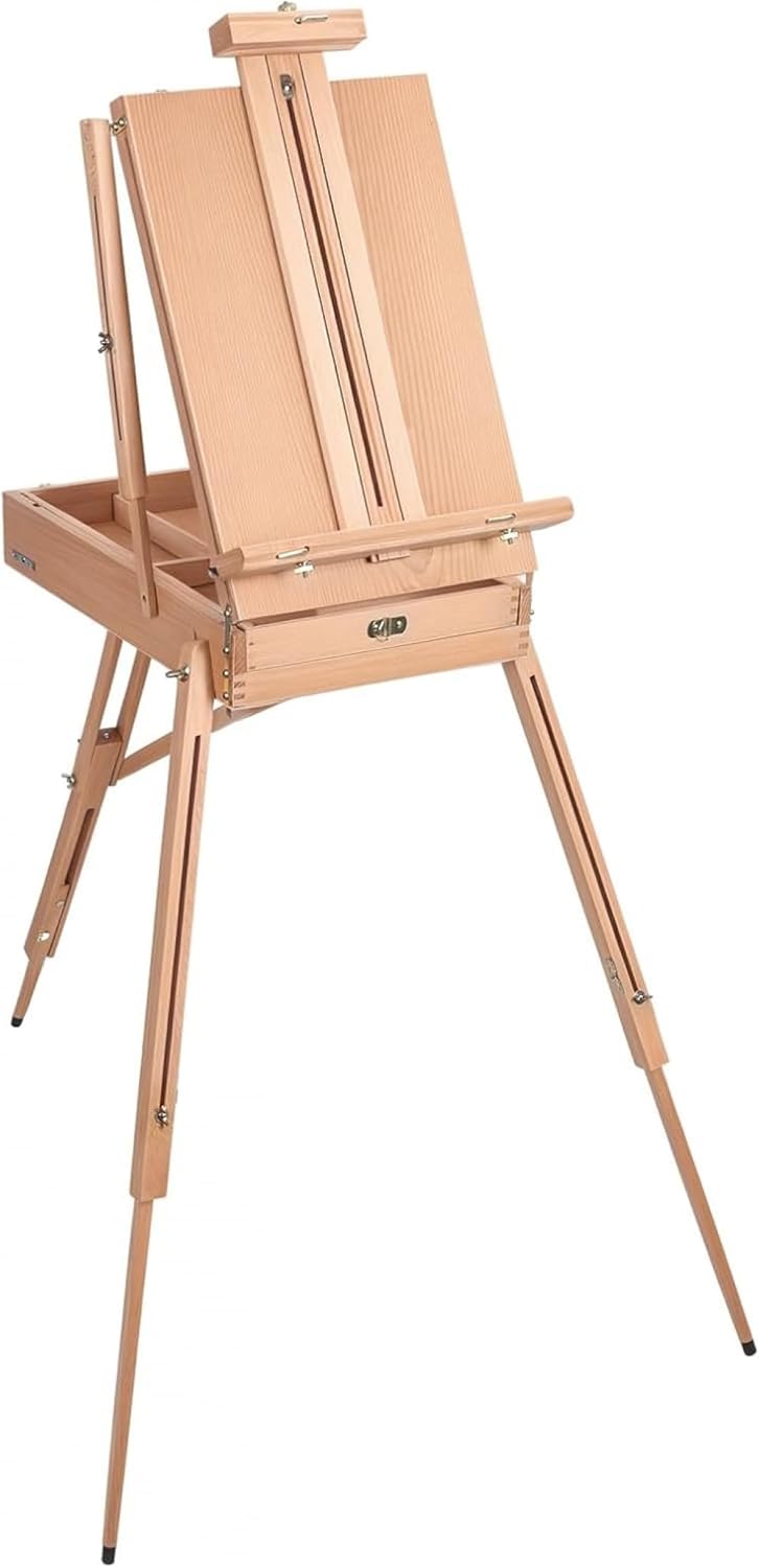 Beech Wood French Easel, Adjustable Foldable Sketchbox Easel with Drawer, Palette and Portable Tripod Stand for Field, Studio, Painting and Sketching (Large)