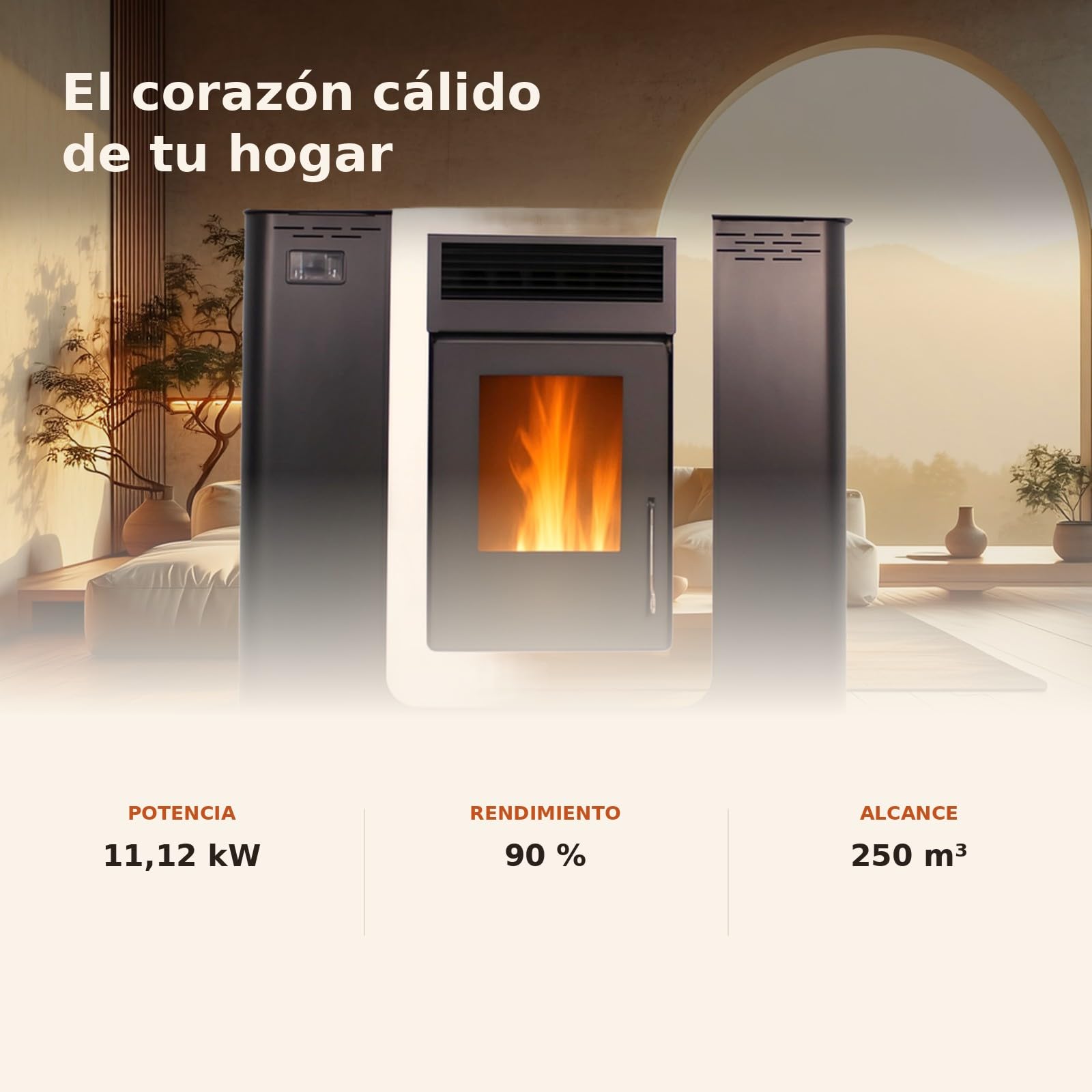 EIDER BIOMASA Estufa de Pellets PASILLO 10 CANALIZADA – 11,12 kW – Canalizable Multiestancia – Rendimiento 90% – Hasta 250 m³ – Tolva 13 kg – Programable WiFi – Clase A+