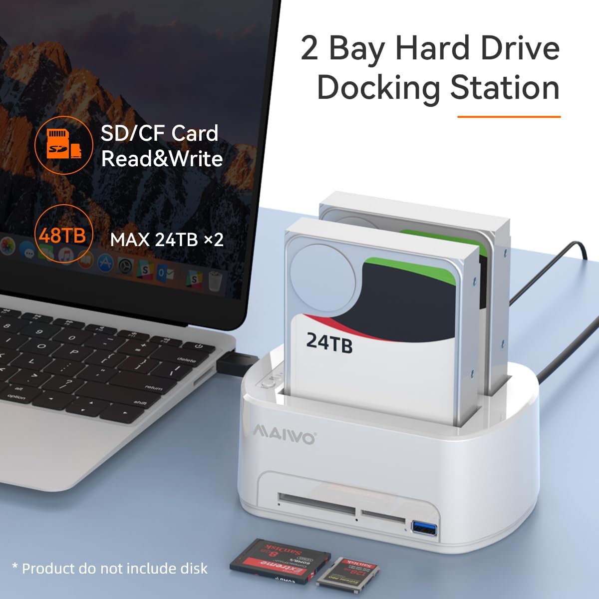 MAIWO SATA to USB 3.0 Dual-Bay Hard Drive Docking Station with Offline Clone for 2.5 & 3.5-inch HDD/SSD, Hard Drive Dock with CF/SD Card Reader, Support 2*24TB, White