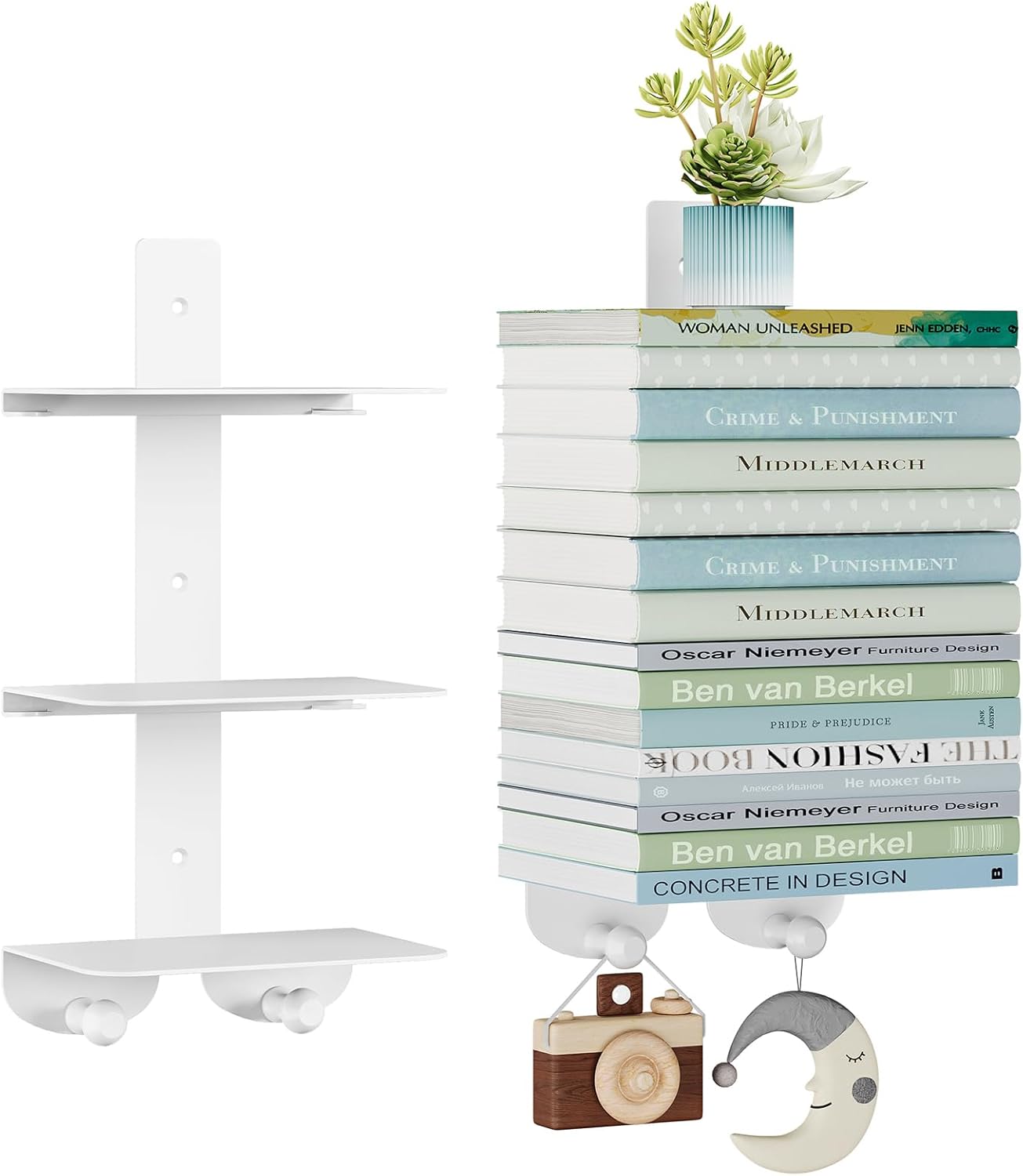 Vertical Spine Metal Tower for Wall Mounted Set of 2, 6 Tier Invisible Floating Bookshelf Coat Rack with 4 Hooks, Heavy-Duty Hanging Book Shelf for Home Office (2, White)