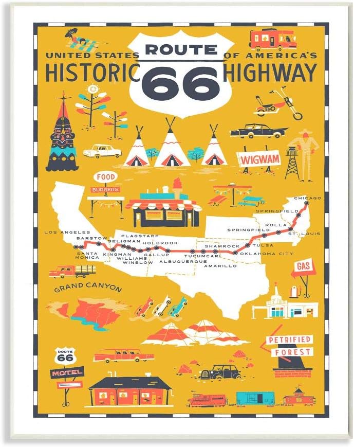 Stupell Industries US Route 66 – Póster de mapa escénico ilustrado con diseño de carretera histórica, color amarillo mostaza, 10 x 0.5 x 15,
