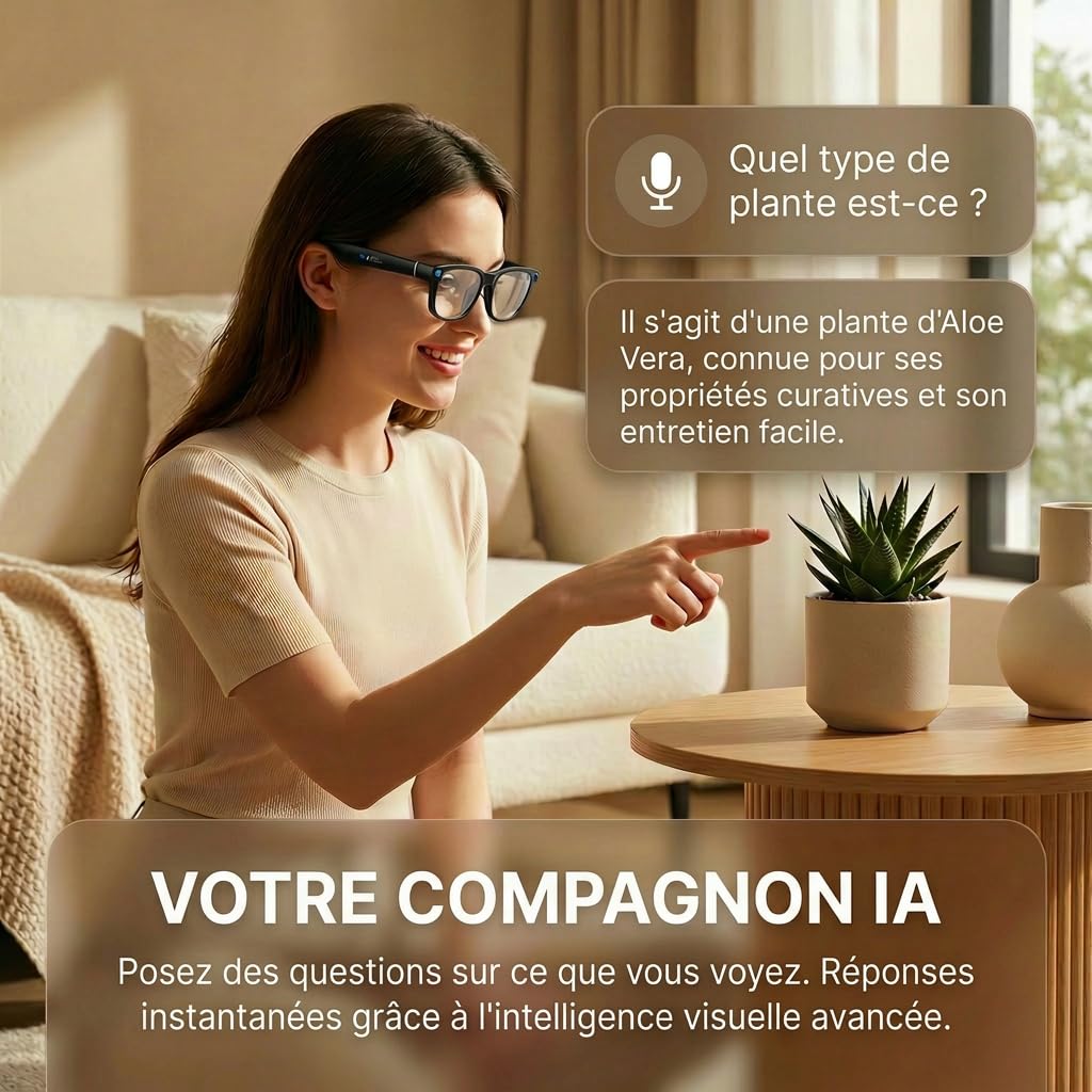 Lunette Camera HD, 13MP Lunettes Connectées IA, Verres Photochromiques à Changement de Couleur, Assistant IA pour Traduction en Temps Réel, 11 Heures d'Autonomie