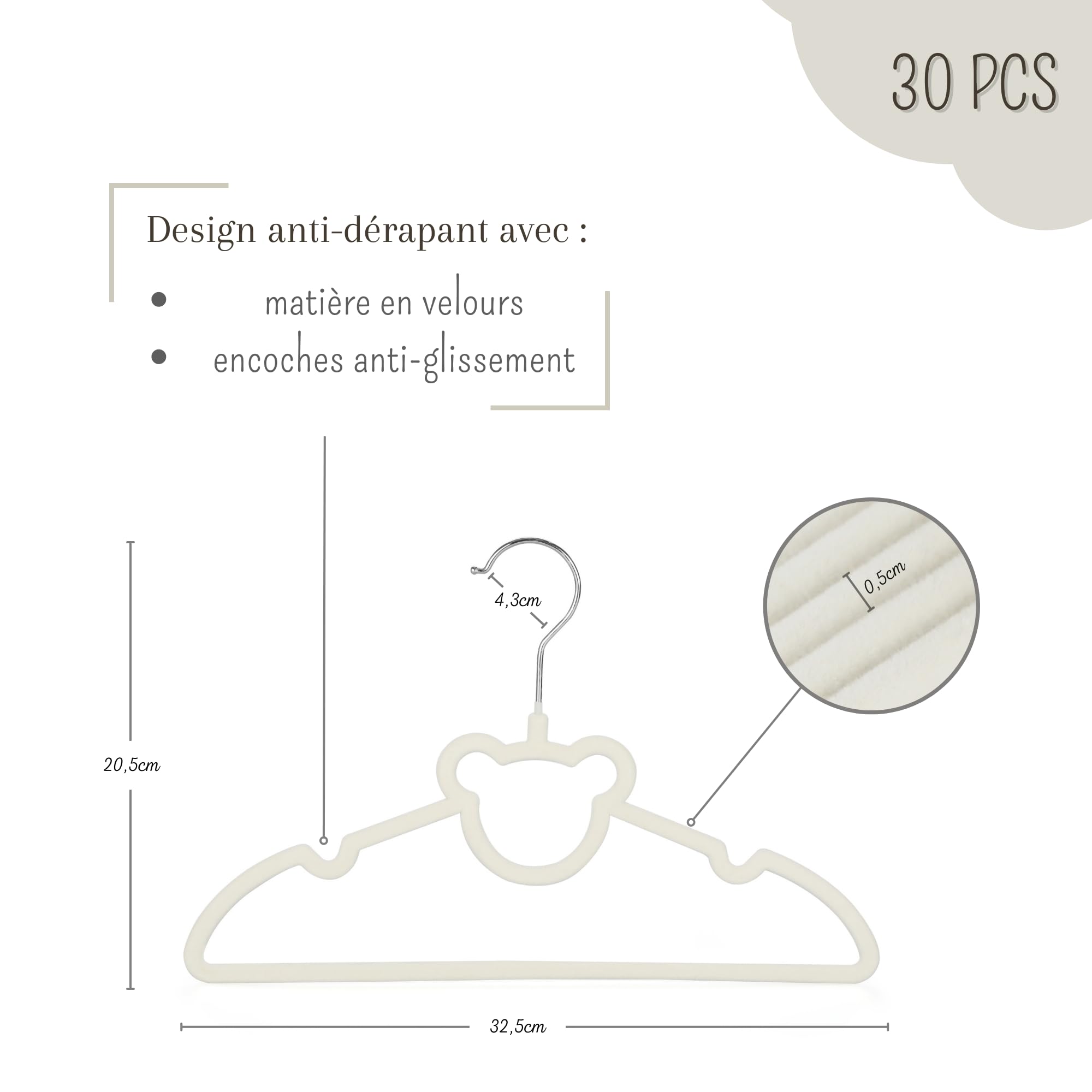 Lot de 30 cintres en Velours Haute qualité pour bébé et 4 séparateurs de Taille - Cintres pour Enfant antidérapants - Crochet pivotant à 360° - Peu encombrant pour Vestes, Robes, Pantalons, t-Shirts
