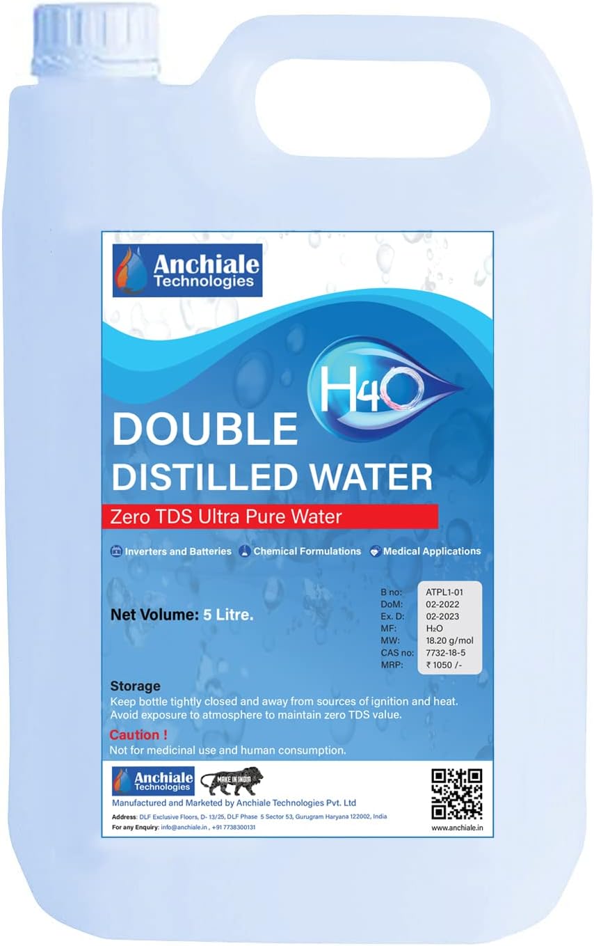 H4O: (5 Litre) Double Distilled Ultra Pure Water (TDS = 0), Great for Inverter Batteries, Medical Equipments, DIY Cosmetics, and Lab Experiments.