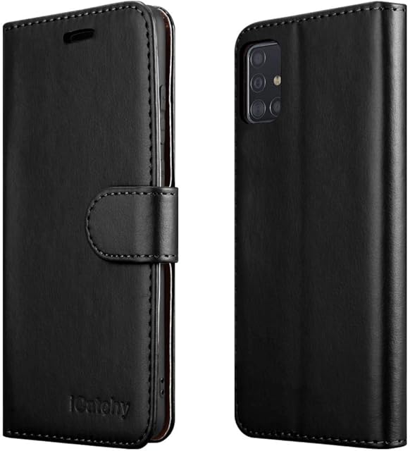 iCatchy For Samsung Galaxy A51 Case Leather Wallet Book Flip Folio Stand View Cover Pouch Compatible with Samsung Galaxy A51 Phone case (Black)