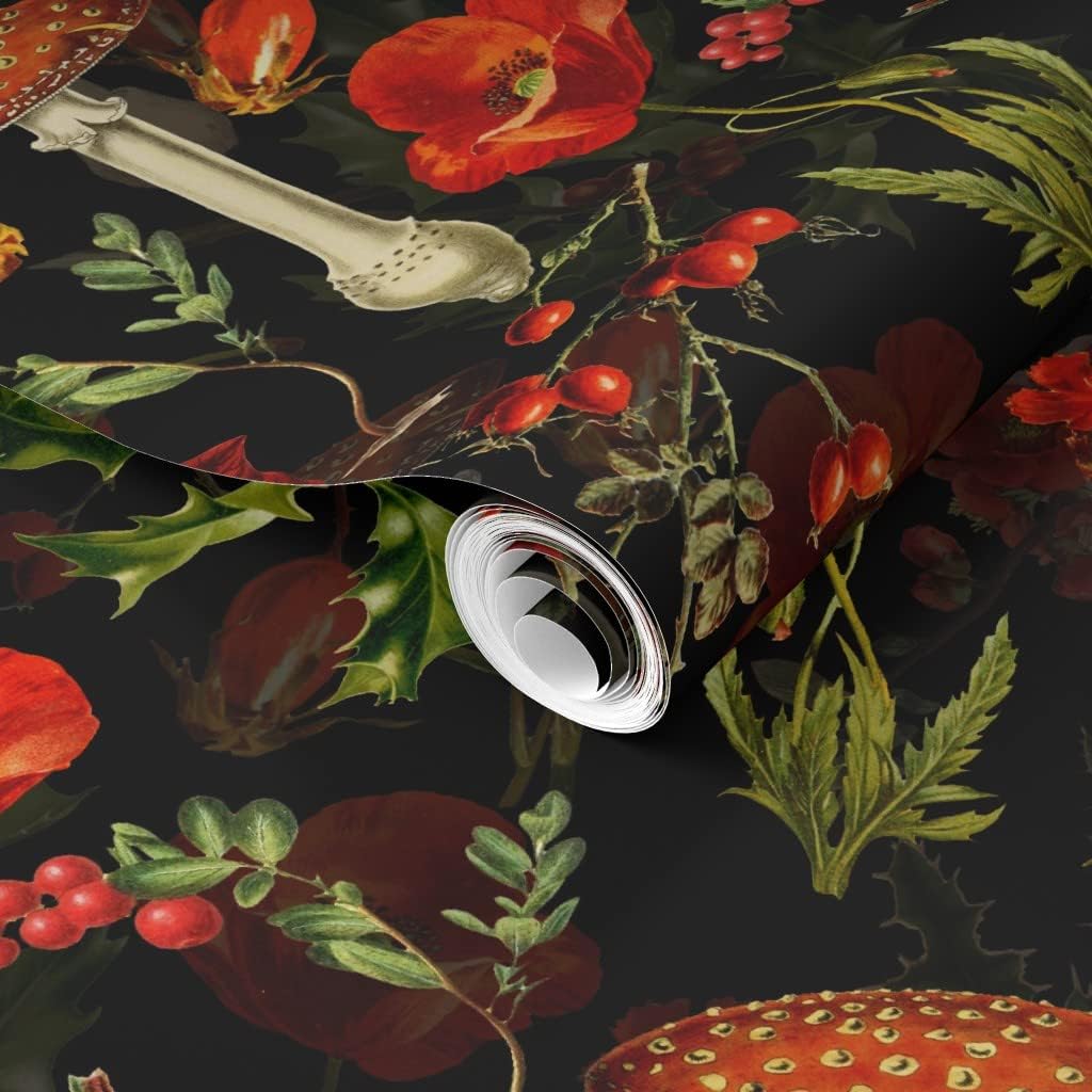 Removable Wallpaper 3ft x 2ft - Vintage Style Botanical Mushrooms Woodland Wildflowers Antique Style Custom Pre-Pasted Wallpaper by Spoonflower