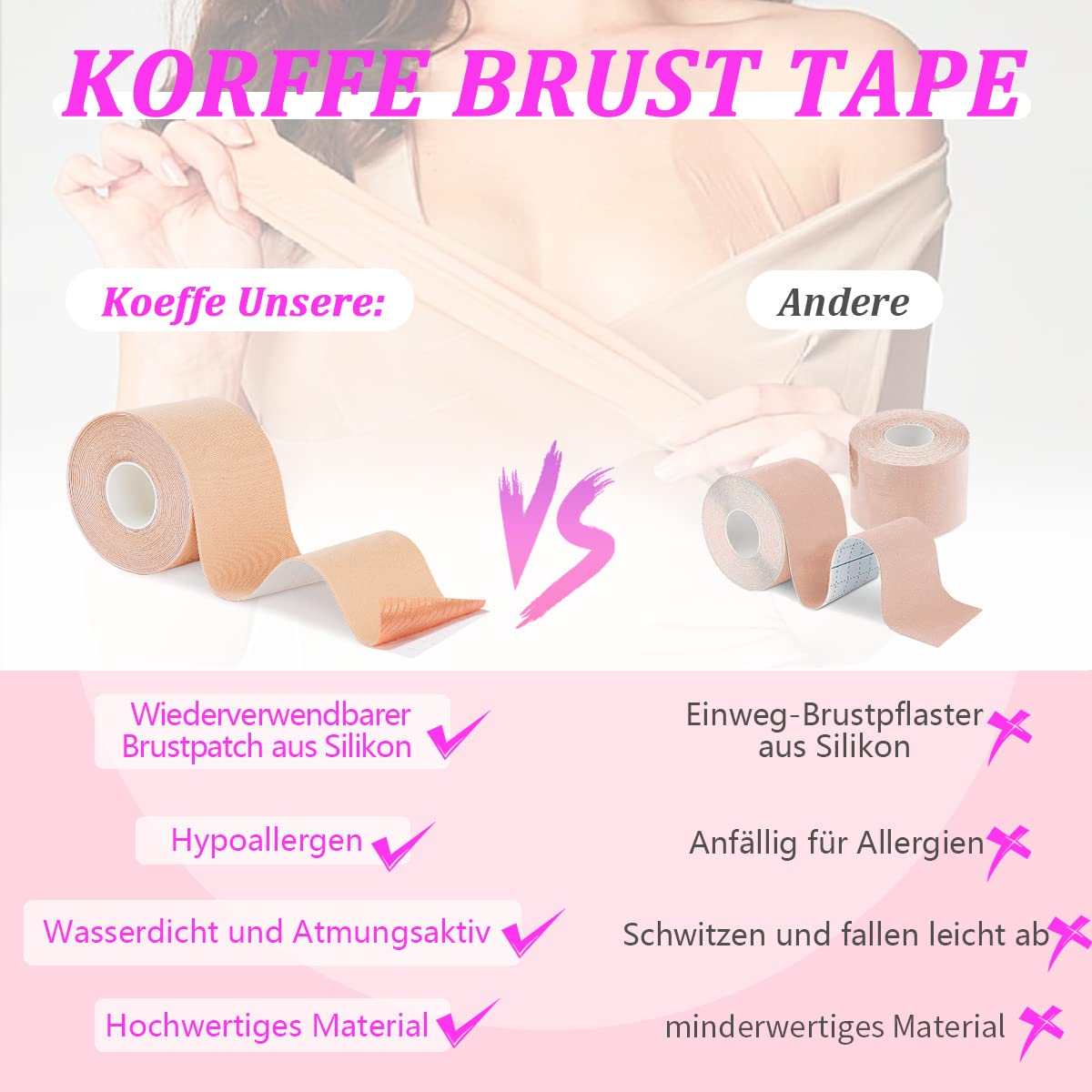 Korffe Brust Tape Klebe BH Push Up, Boob Tape Set für Klebe BH Große Brust Rückenfrei BH 2 Wiederverwendbare Unsichtbar Silikon Brüste Nippelpads Body Damen Tape für Körbchengrößen A-G