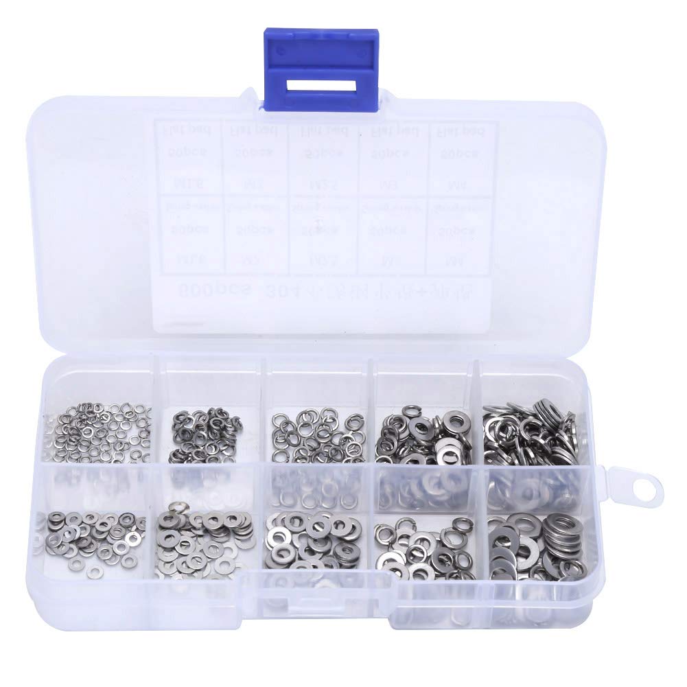 Yunseity 500pcs Stainless Steel Washer, Spring & Flat Washers Assortment Set, (Sizes Include M1.6 M2 M2.5 M3 M4) with Plastic Box for Sorting