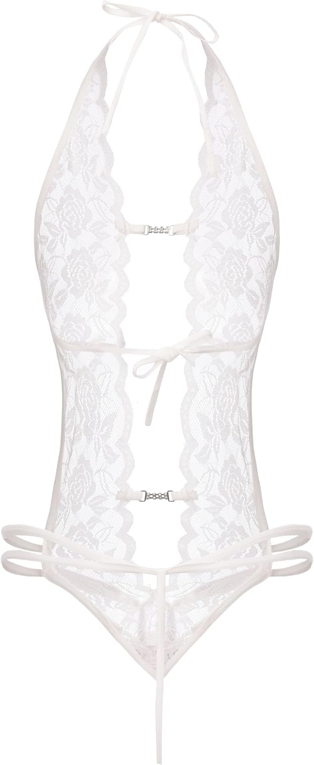 Fem&Fata Women One Piece Lingerie Mini Lace Teddy Babydoll Deep V Lace Bodysuit S-XXL White - Image 2