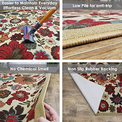 Rubber Backed Hallway Runner Rug, 31 x 120 inch, Light Beige Floral, Non Slip, Kitchen Rugs and Mats