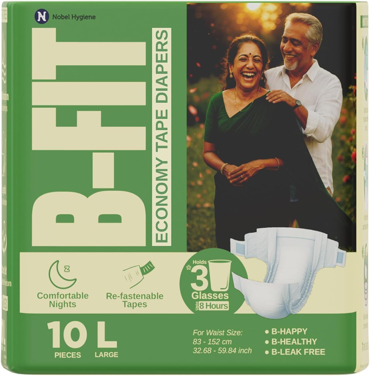 B-FIT Economy Adult Diaper L Size Tape Style | 10 Count ( Large) | Waist 32.68 - 59.84 inch | Refastenable Tapes, Cottony Comfort, Gel Core, 8 Hours Absorption | Unisex, Leakproof, Soft Elastic Waistband