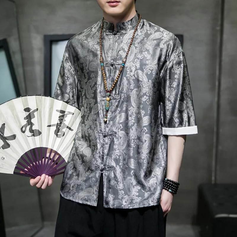 Chinese Style Men Tang Suit Top Half Sleeve Shirt Kung Fu Coats Spring Summer Loose Satin Blouse