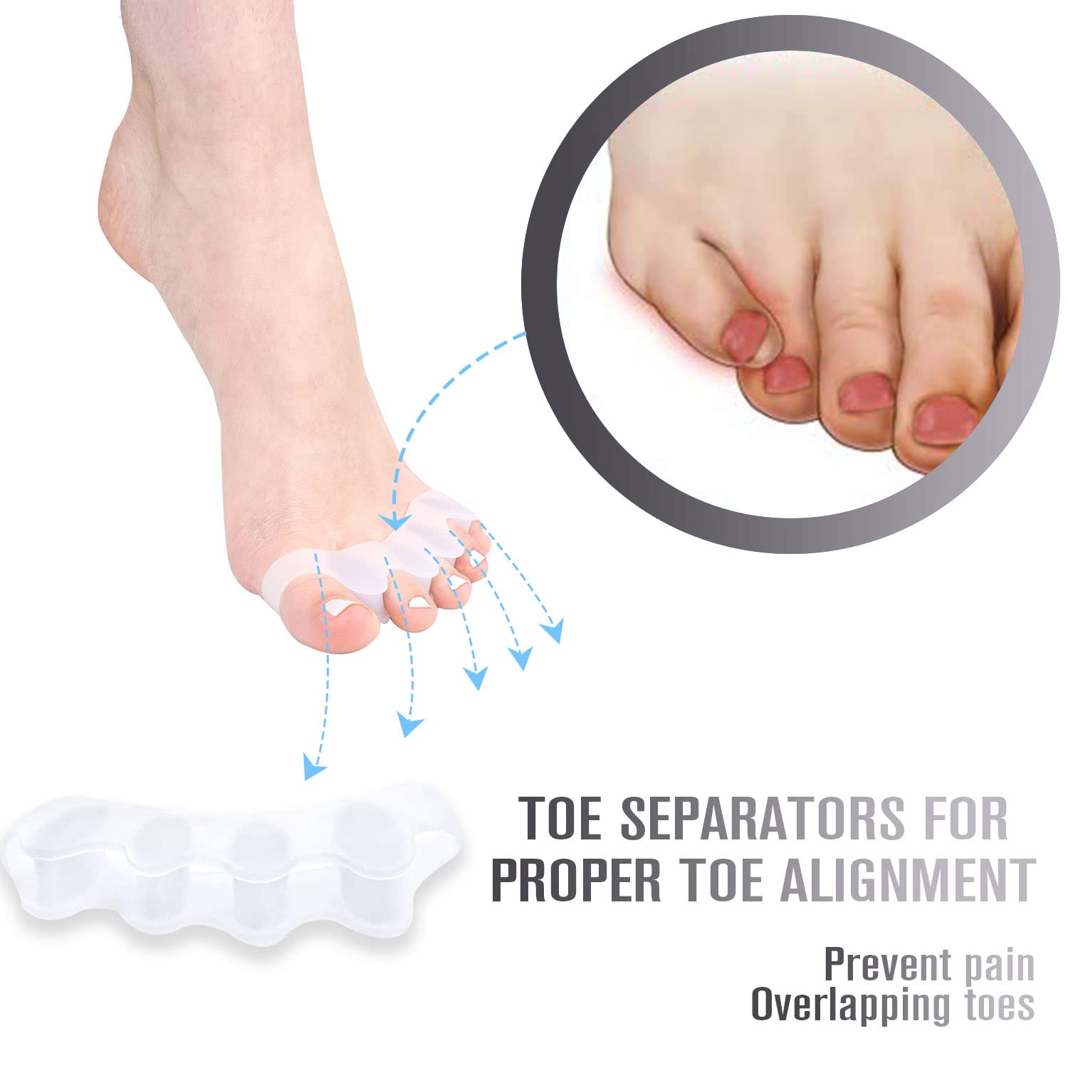 Separador Dedos Pie [6X], separadores de dedos de los pies, silicona mejorada, 0% BPA, separador dedos pie silicona ortopedicos, Ajuste Ballet Yoga Atletas (blanco)