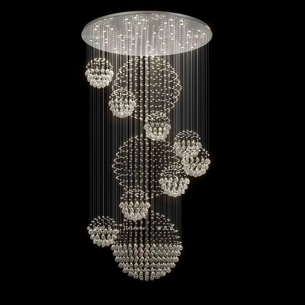 Luxury Large Foyer Chandelier, Spiral Sphere Raindrop Crystal Modern High Ceiling Flush Mount Light, Large Staircase Chandelier for Entryway Hallway Entrance, D31.5'' x H110''