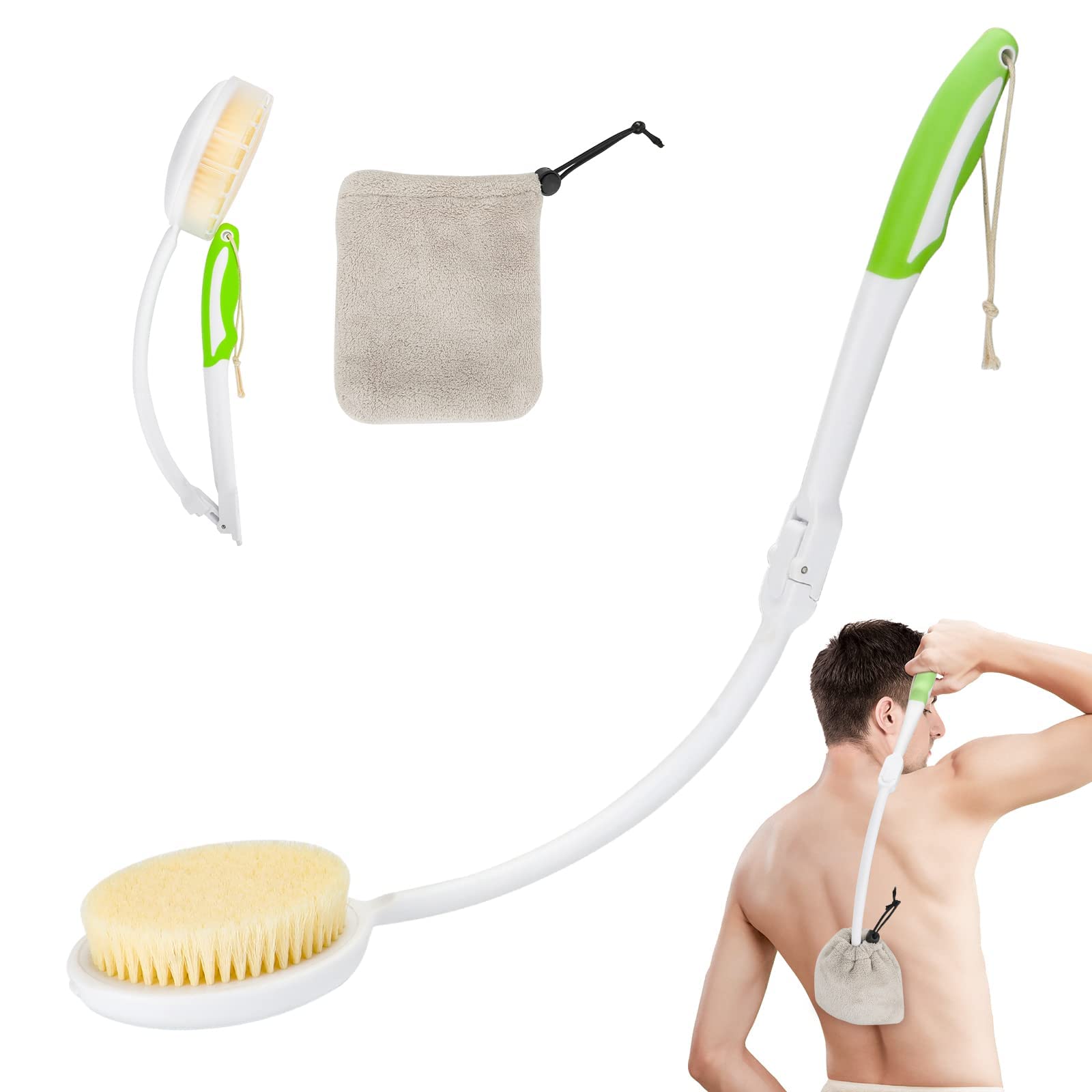 Cepillo Espalda Ducha, Mango Curvo SúPer Largo Esponja Espalda Ducha, Plegable PortáTil Cepillo Corporal, Cepillo De Cabeza Con Toalla Seca RáPida