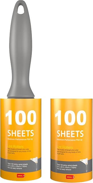 DINIAL Lint Roller Remover 100 Spiral Sticky Sheets with Extra 100 Sheets Refill (200 SHEETS IN TOTAL) For Removes Pet Fur, Dust, Dirt from Clothes, Furniture, Carpet, Cars, Floor & Dog, Cat Hair.