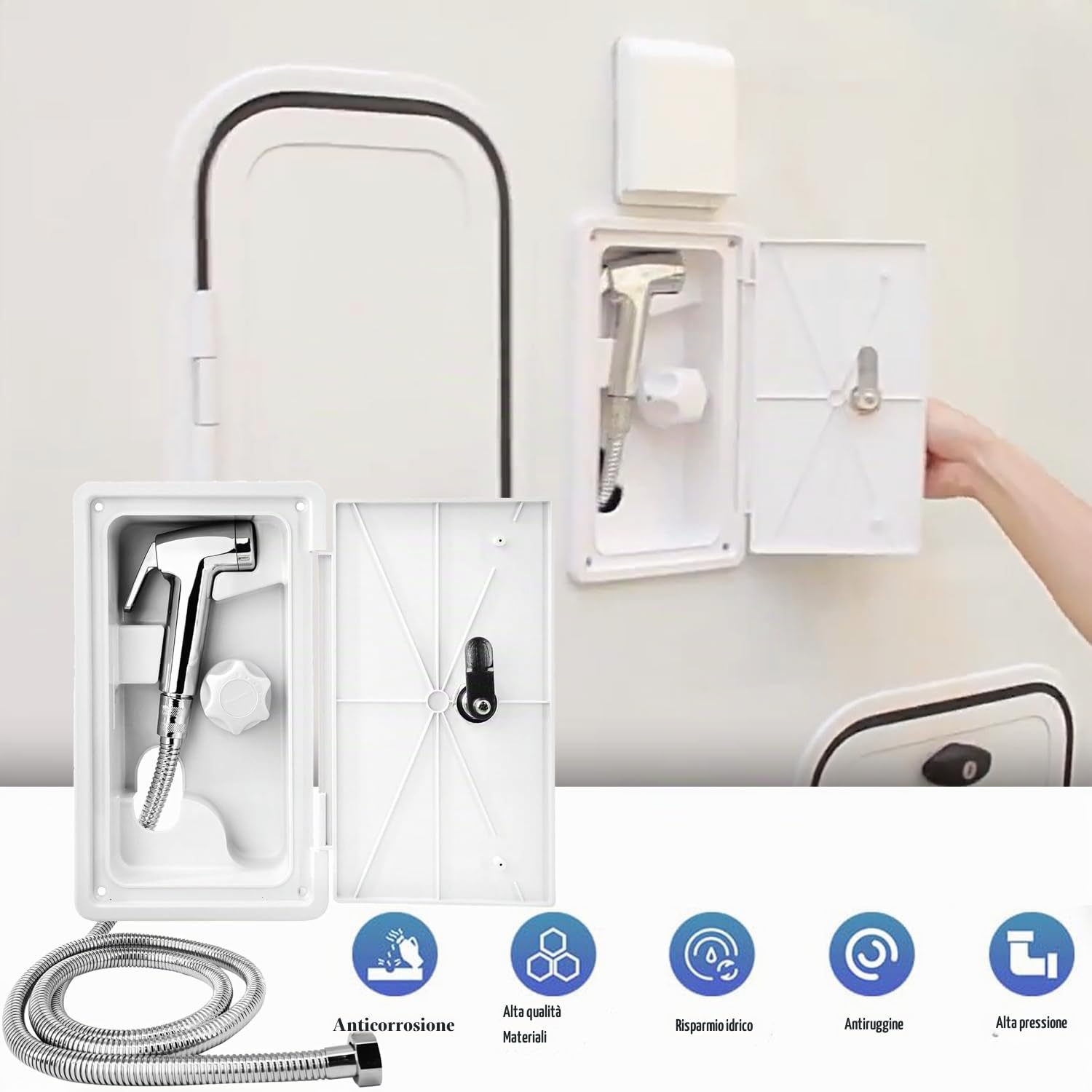doccia TOOSOAR Doccia da Campeggio Bianca Estensibile a Pulsante Singolo con Tubo Flessibile in Metallo da 1,5 M
