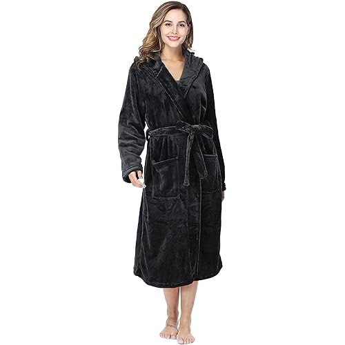 Hellomamma Plush Fleece Hooded Robes for Women Soft Fuzzy Ladies Bathrobe with Pockets