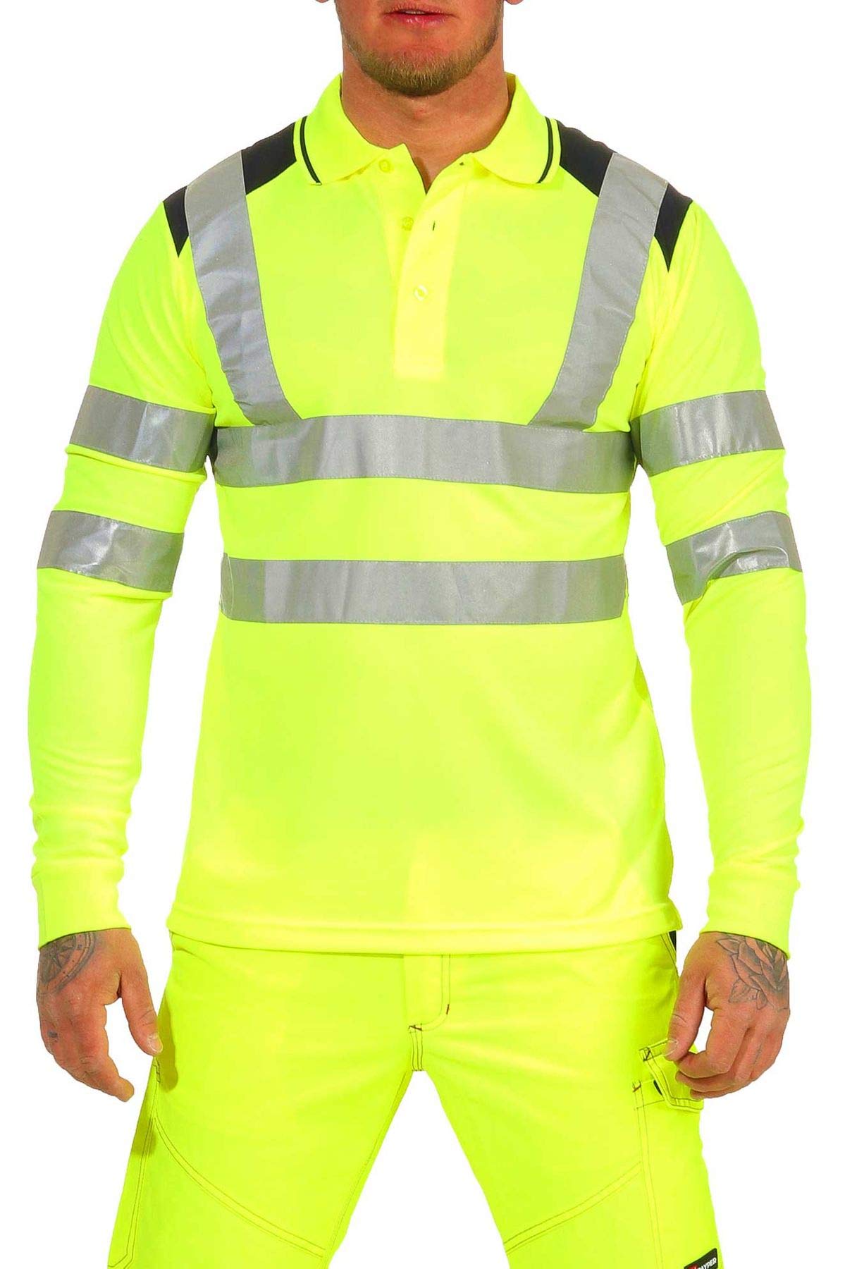 Herren Warnschutz Langarmshirt Poloshirt, Hohe Sichtbarkeit Reflexstreifen EN ISO 20471 Klasse 2