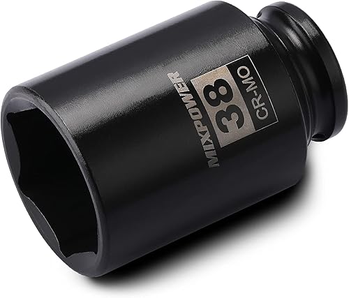 MIXPOWER Enchufe de impacto profundo de 12", CR-MO, 1.496 in, 6 puntos, tuerca de eje de grado de impacto para una fácil extracción