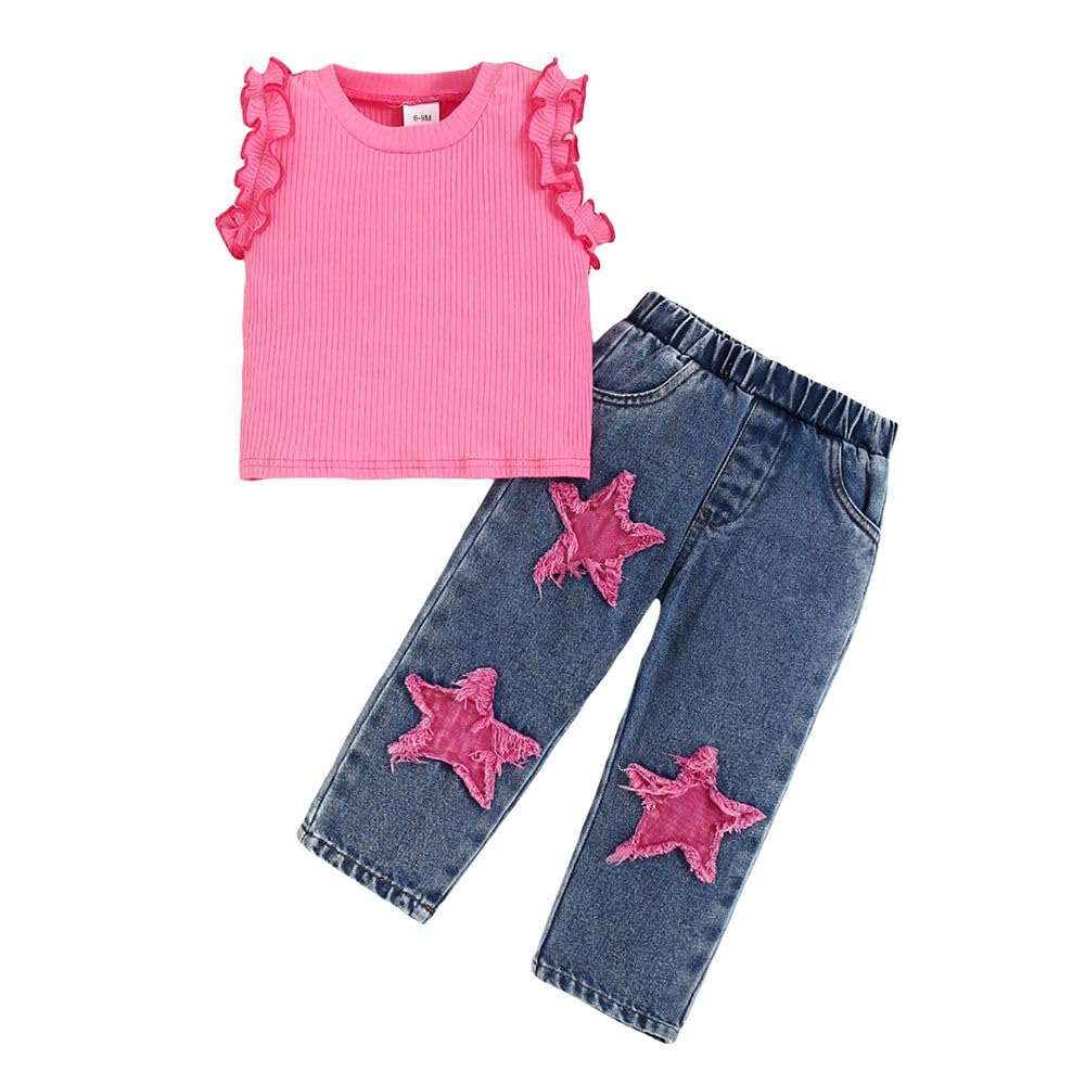 Baby Girls Textured Print Sleeveless Pink Jeans set