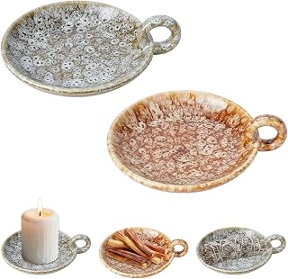 PLIGREAT 2 Pack Vintage Ceramic Candle Holders, Round Plate Tray with Handle Decorative Candlestick Holder for Dining Living Room Meditation Room Home Table Decor, Khaki and Green