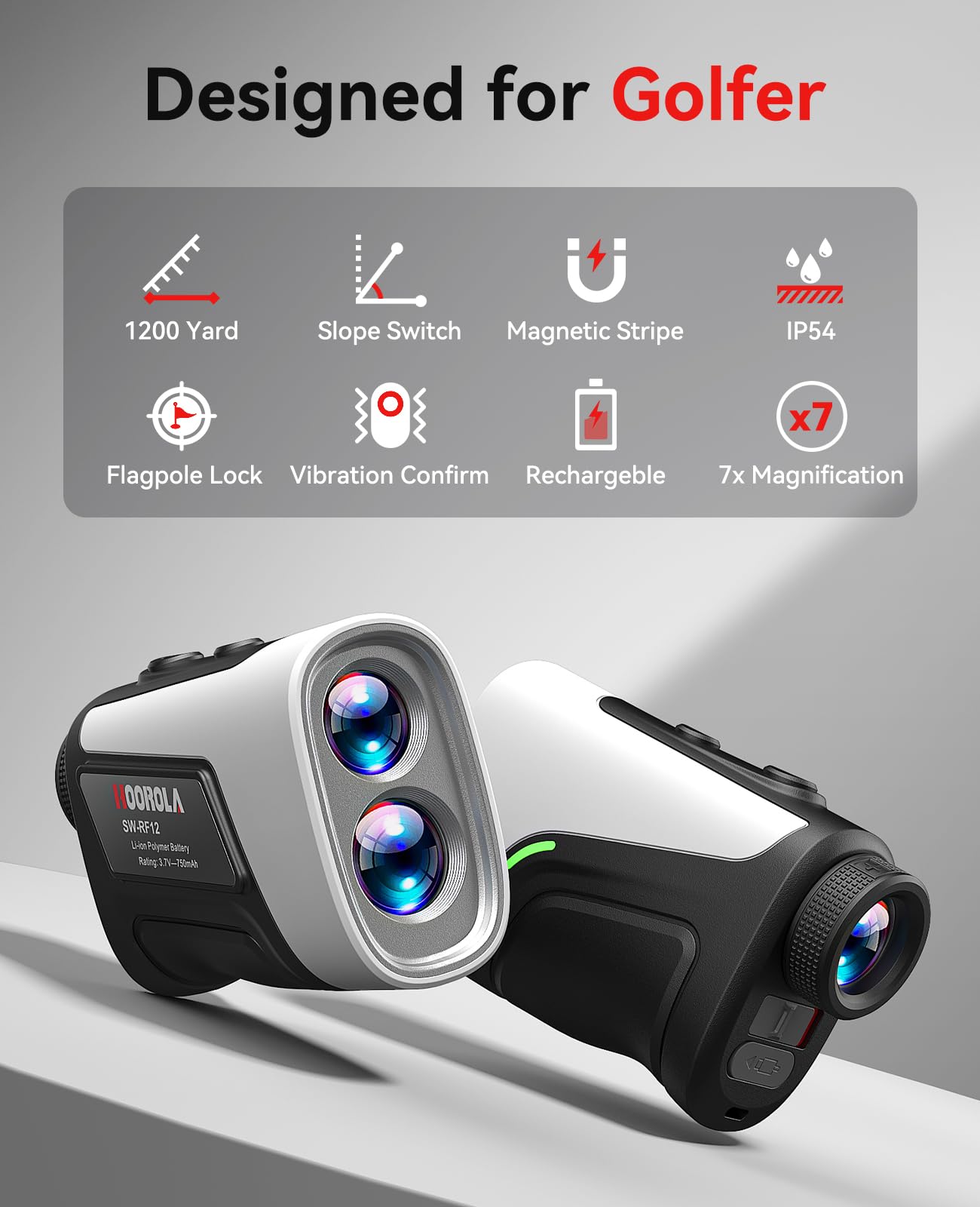 Hoorola Range Finder Golf, 1200 Yards Rangefinder with Slope, Magnetic Stripe, 7X Magnification, IP54 Water Resistant, Rechargeable Battery, Flag Pole Lock Vibrate, Golf Accessories Gift for Men Women