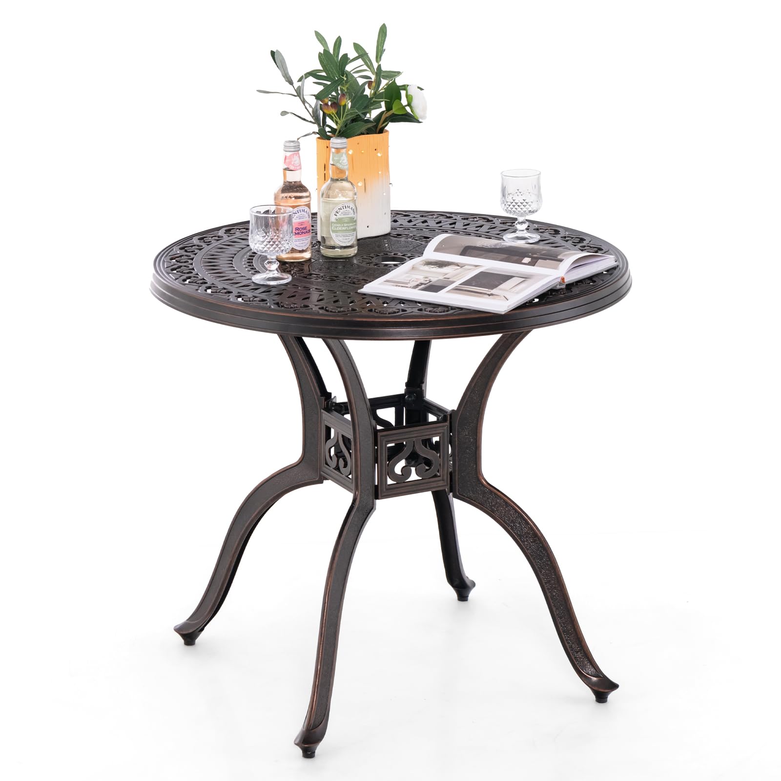 GIANTEX 31.5" Patio Bistro Table, Cast Aluminum Table Side Table with 2" Umbrella Hole &amp; Adjustable Footpads, All-Weather Metal Outdoor Round Dining Table for Porch, Backyard