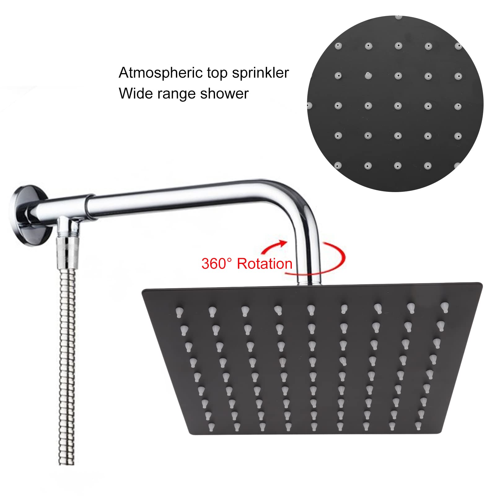 Square High Pressure Rain Shower Head, Large Stainless Steel Rainfall Showerhead, Matte Black Ceiling Mount with G1/2" Thread - Image 3