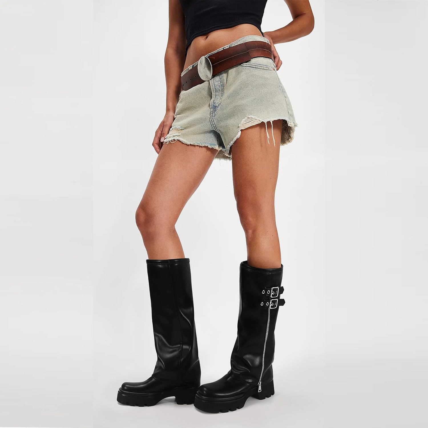 MICIFA Women's Fold Over Boots Platform Slouchy Wide Calf Boots for Women Chunky Heel Ruched Round Toe Riding Mid Calf Booties - Image 4