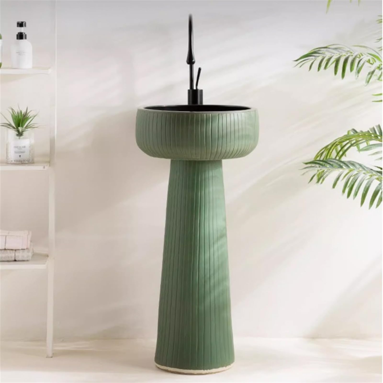 Umywalka Nablatowa Do Małej Łazienki W Stylu Vintage, Umywalka Stojąca Do Łazienki, Umywalka Kolumnowa Na Balkonie, Umywalka Ceramiczna Na Postumencie, Zielona(003)