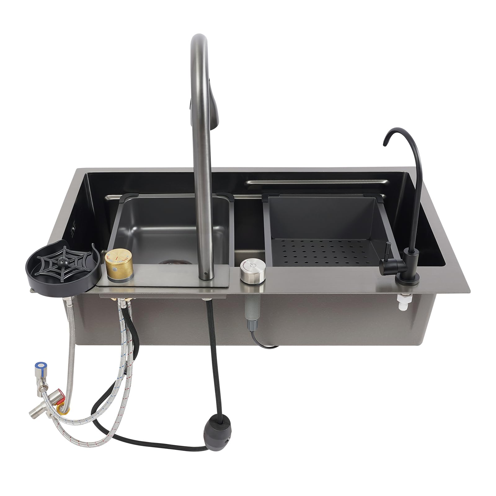 Lavello da cucina a cascata, grande 1 vasca, lavello singolo, nero in acciaio inox, con rubinetto estraibile, lavatrice per tazze (75 x 45 x 21 cm)