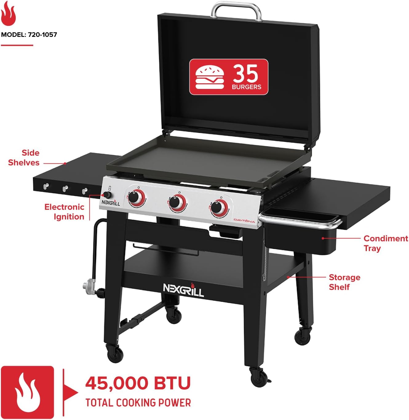 Nexgrill Daytona 3-Burner Propane Gas Griddle with labeled features
