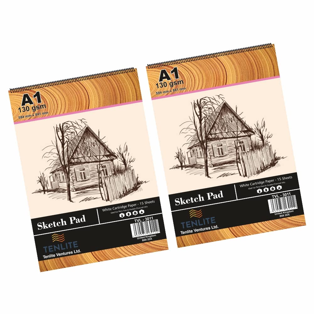 [Set of 2] Large A1 Drawing Pad, 15 Sheets of 130 GSM Paper, Spiral Bound Artist Sketch Pad Book, Durable Acid Free Sketch Paper, Beginners & Experts. (A1 Sketch Pad)