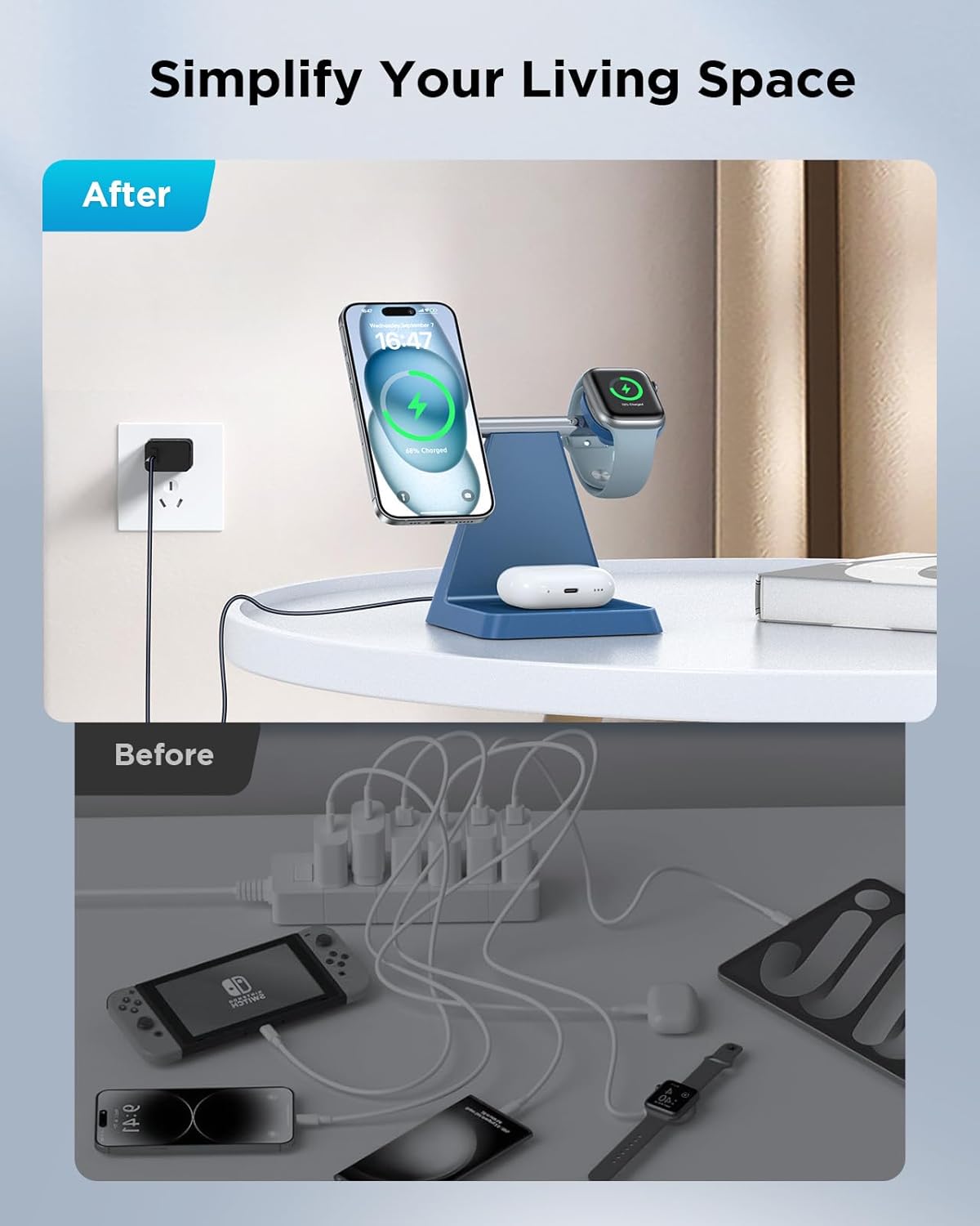 Magnetic Wireless Charger for iPhone - 3 in 1 Charging Station for Multiple Devices Charger Stand for Apple Watch iPhone 16 15 14 13 12 Pro Max