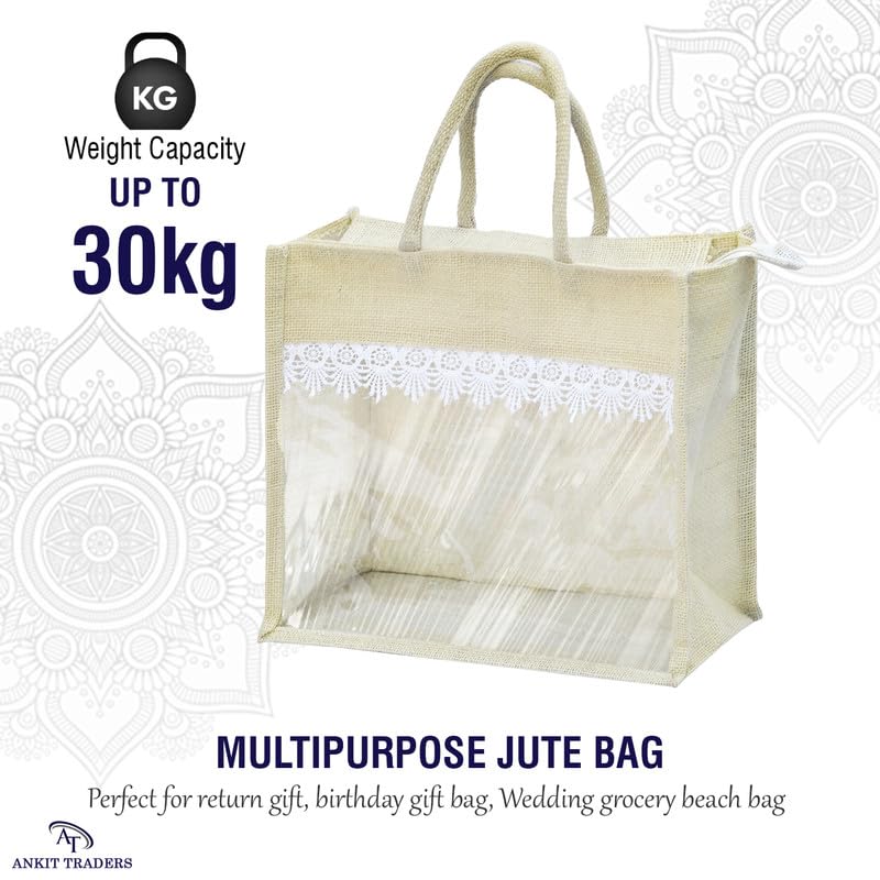 Image of Rishabh Overseas Jute Bags for Women | Eco Friendly Bag with Front Transparent Window | Reusable Tote with Comfortable Handle for Gifting & Shopping | Wedding & Baby Shower Return Gift