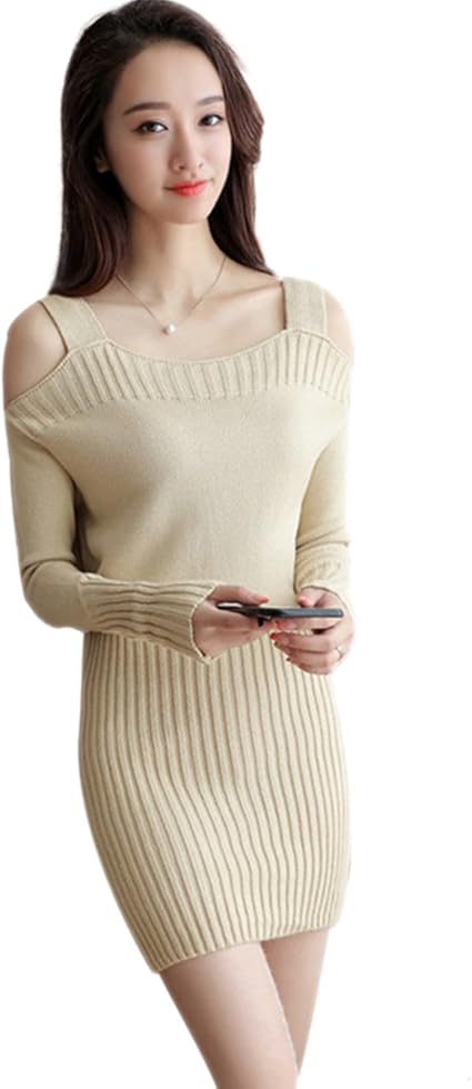Amazon Oh ワンピースレディース ニットワンピ セーター ニットワンピース 無地 上品 ワンピ ドレス ワンピース フォーマル 肩出し スリム セクシー お呼ばれ 女子会 秋 冬 お出かけ M ベージュ イブニングドレス 通販